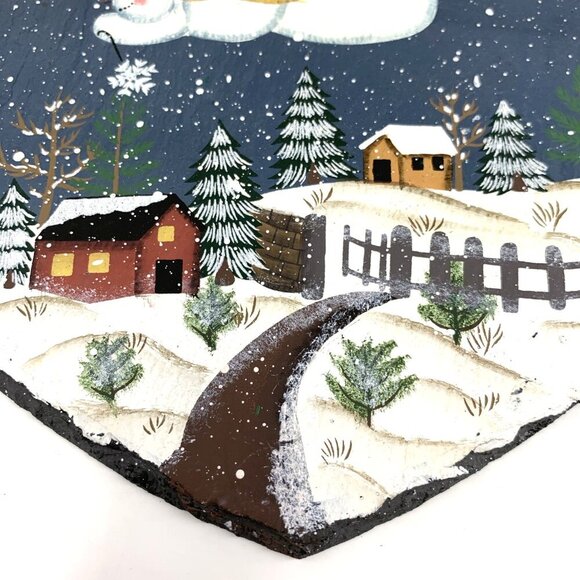 Winter Scene Slate Snowman Over Country Houses Heart Shaped Wall Plaque - Picture 3 of 4